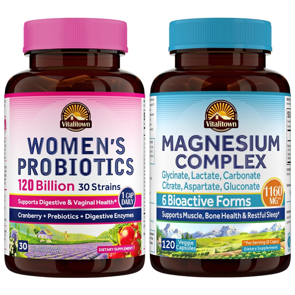 Vitalitowni probiootikum + magneesiumipakend (pakk 2) | Naiste probiootikumid (punkt 1) ja magneesiumi kompleks (punkt 2) | 30 probiootilist kapslit & 120 magneesiumkapslit