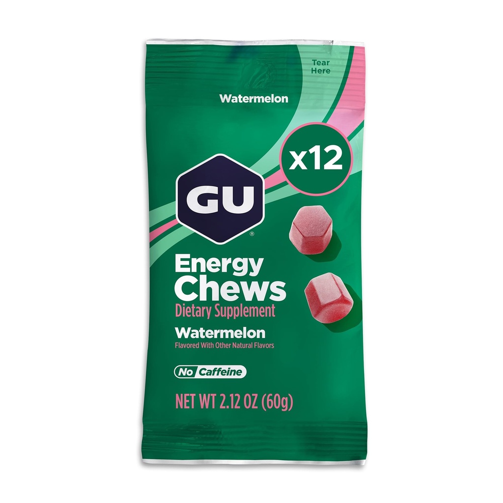 GU Energy Chews, Arbuus Energy Gummies koos elektrolüütidega, Vegan, Gluteenivaba, Kosher, Kofeiinivaba ja piimavaba On-The-Go energia iga treeningu jaoks, 12 kotti (24 teenindust kokku)