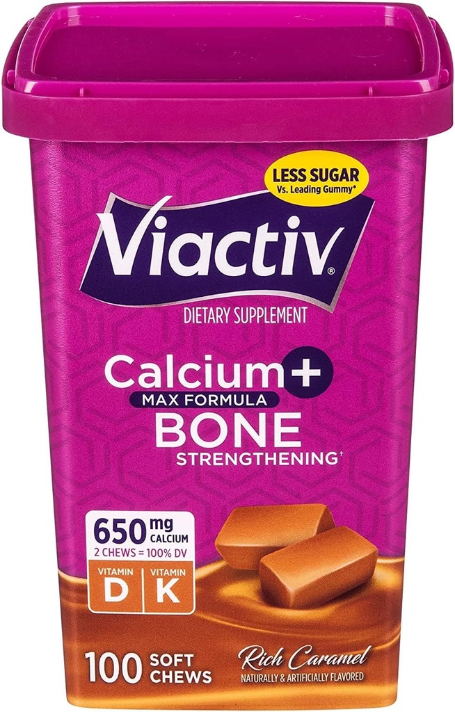 Viactiv Max Formula Calcium + Vitamiin D3 täiendus luu tervisele, rikas karamelli, 100 pehmet närimist - 6 pakendit