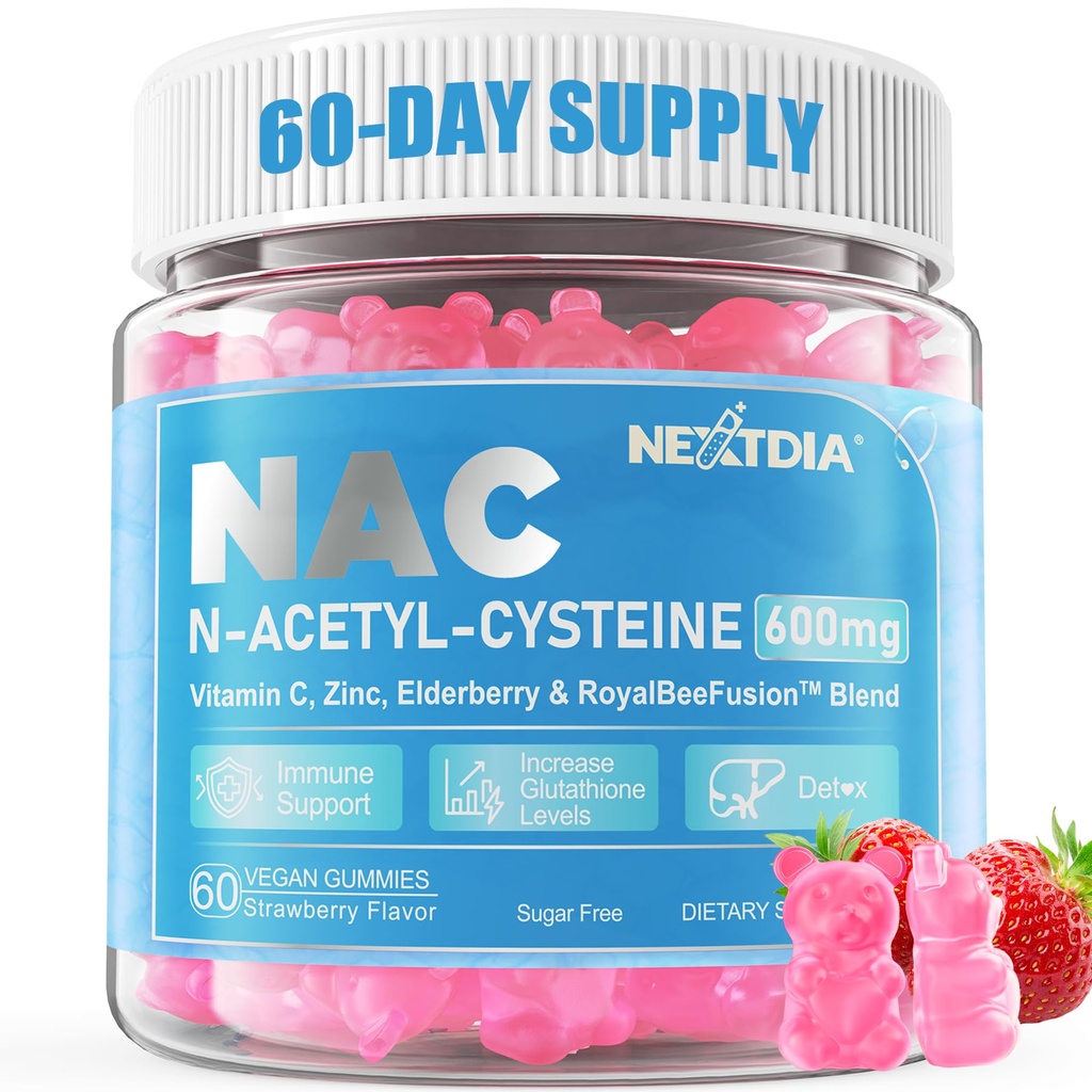 Nextdia NAC Gummies lastele ja täiskasvanutele, N-atsetüültsüsteiini lisa 600mg 1000mg w / C-vitamiin, tsink, Elderberry antioksüdantide ja immuunsüsteemi tugi, Lung & Maks Tervis, Suhkruvaba, 120 Ct
