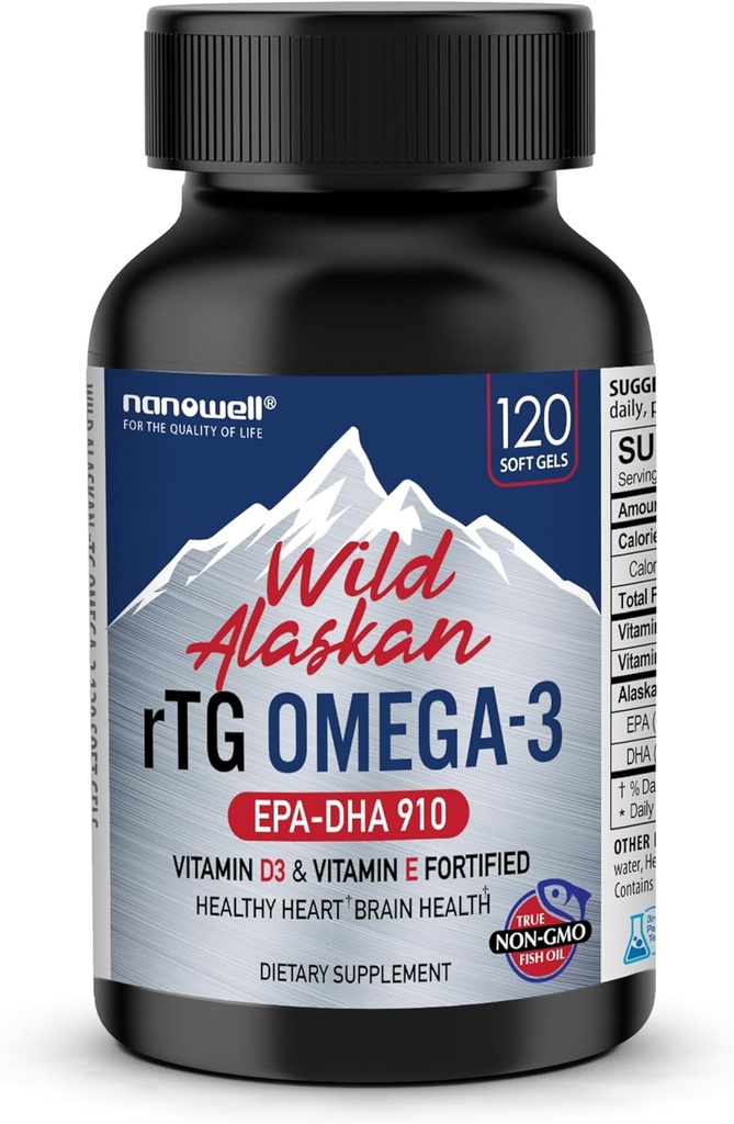 NANOWELL Wild Alaska rTG Omega-3 Fish Oil 1196mg - EPA, DHA, Vitamiin D3 & E - 120 Softgels, 60 päeva pakkumine