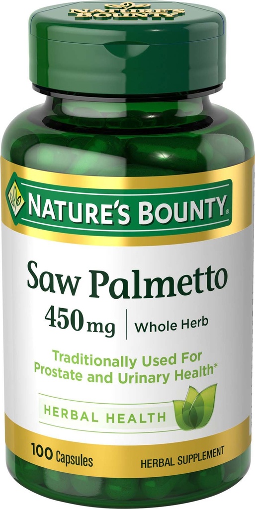 Nature's Bounty Saw Palmetto, taimse tervise täiendus, eesnäärme ja kuseteede tervis, 450 mg, 100 kapslit