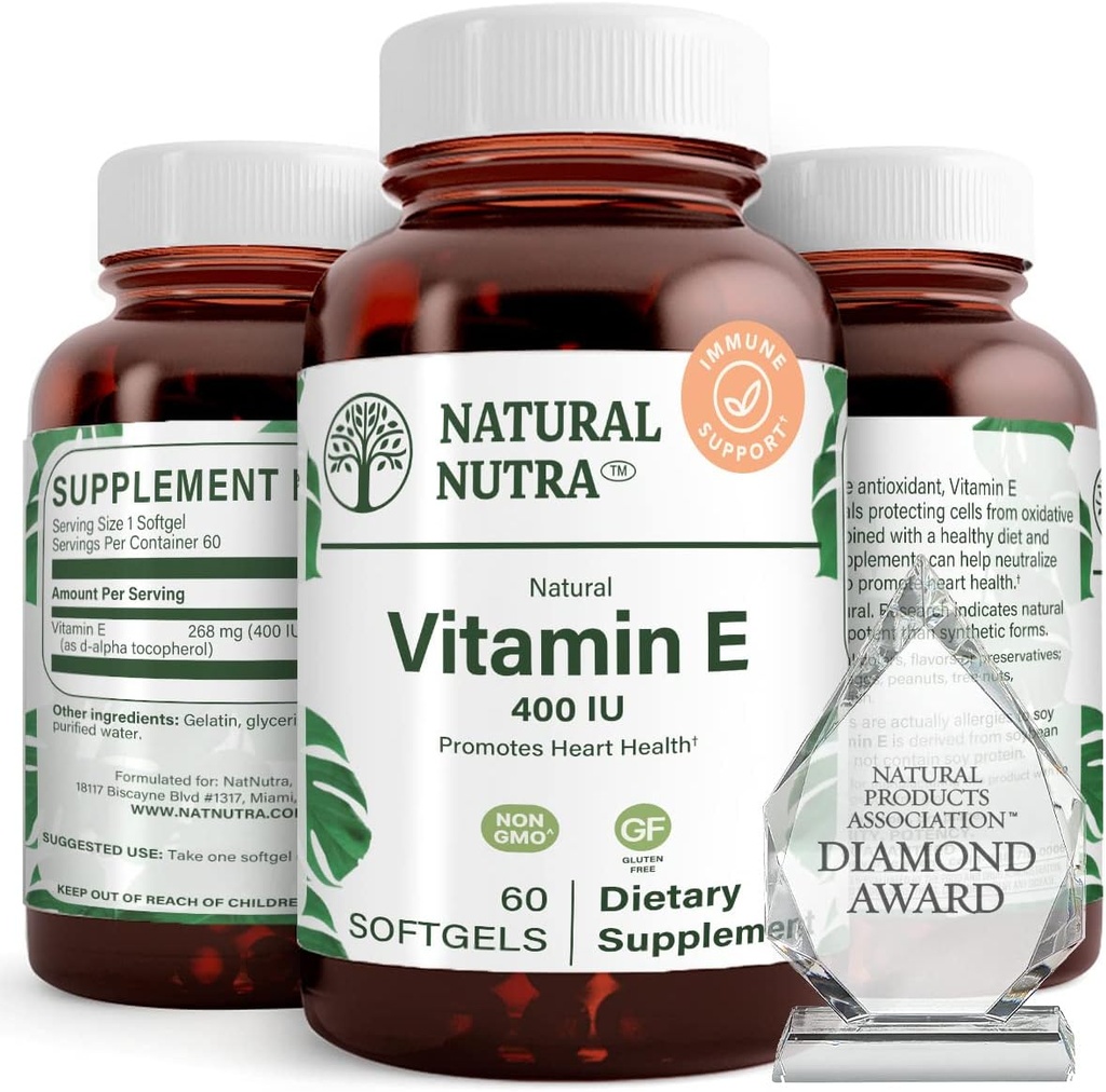 Natural Nutra Vitamiin E 400 IU täiendus, rikastada tervist toitaineid, edendab naha tervist, parandab juuste ja küünte kasvu, toetab keha rasva taset, aitab südame tervist ja kaitseb naha tekstuuri, 60 pehmet geeli