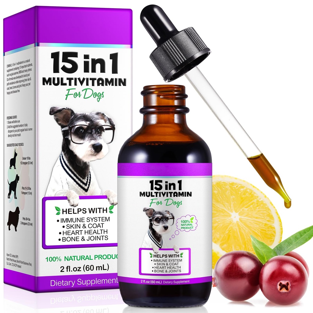 Koer Multivitamiin,15 in 1 Dog Multivitamiin Vedel tilgad Toidulisandid, Koera Vitamiinid Südame Terviseks, Luud, Liigesed, Nahk & Coat, Põis, Immuunsüsteemi Toetus 60 ml