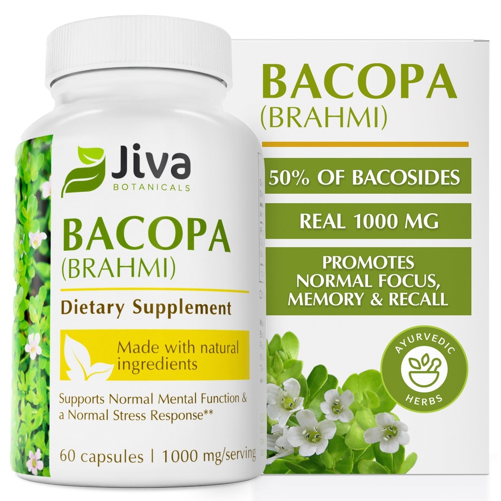 Jiva botaanika Bacopa Monnieri täiendus Puhas 1000mg ühe serveerimise kohta - kõrge potentsi Bacopa Monnieri (Brahmi) & ekstrakt normaalse aju, fookuse ja mälu toetamiseks - Ayurveda maitsetaimed - 60 kapslit