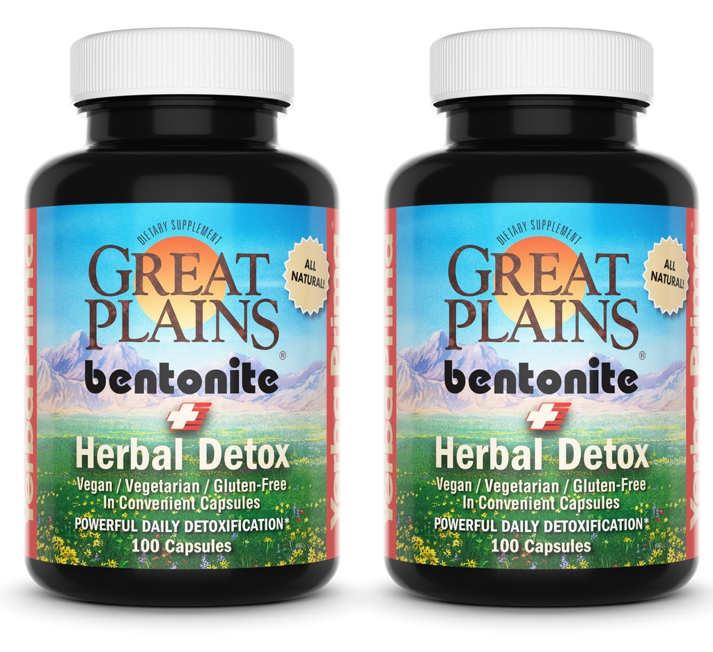 Yerba Prima Great Plains Bentonite Clay Caps Plus Taimne Detox (pakk 2) - Toidu klass - Maks & Colon Cleanse Supplement kapslid