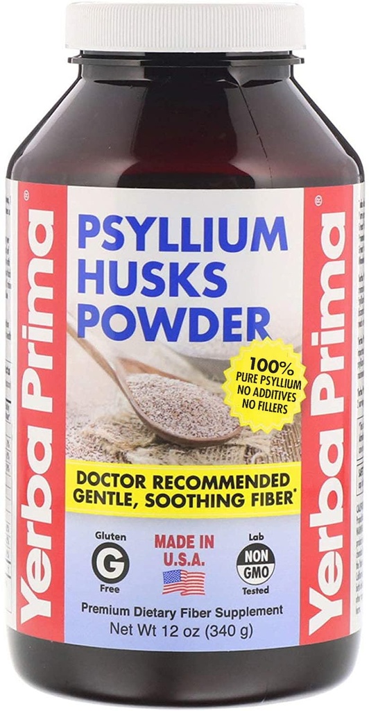 Yerba Prima Psyllium Husks Fiber Powder, 12 Ounce - Natural Fiber Supplement - Colon Cleanse - Soolestiku Tervis - Vegan, Non-GMO, Gluteenivaba