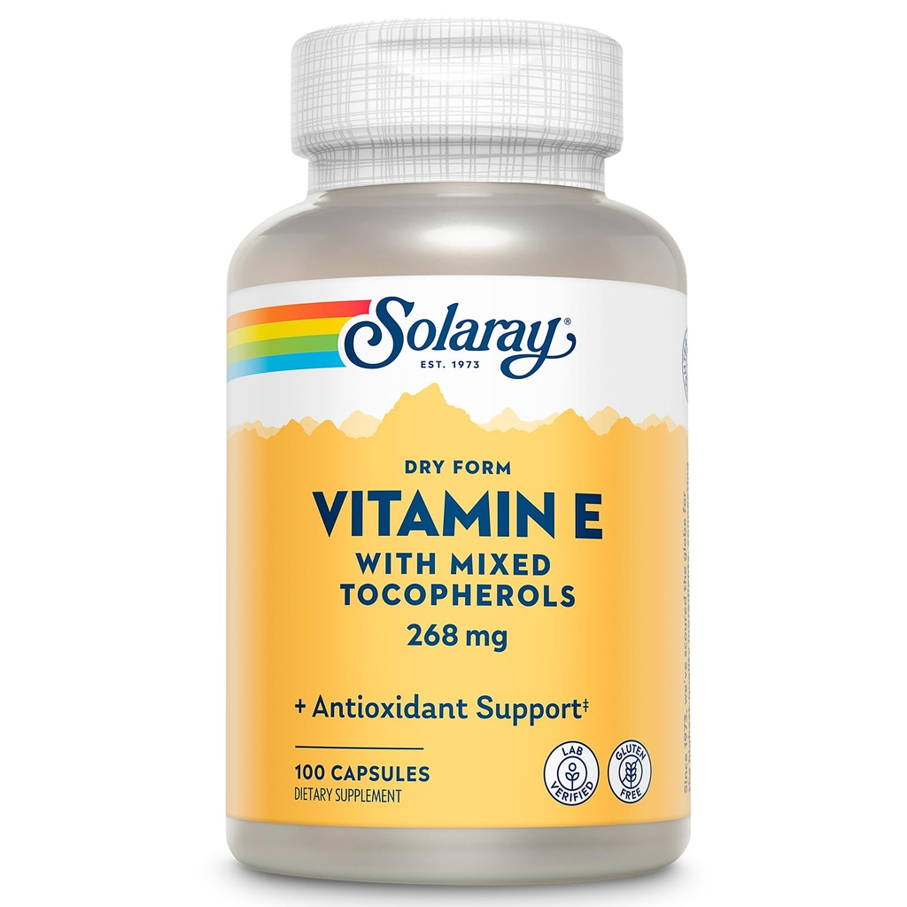 SOLARAY Vitamiin E 400 IU (268 mg), kuiv vorm - looduslik allikas, segatud tokoferoolid E-vitamiin - antioksüdantide lisand, PMS ja menopausitoetus - 60-päevane garantii, Lab kontrollitud - 100 Serv, 100 kapslit