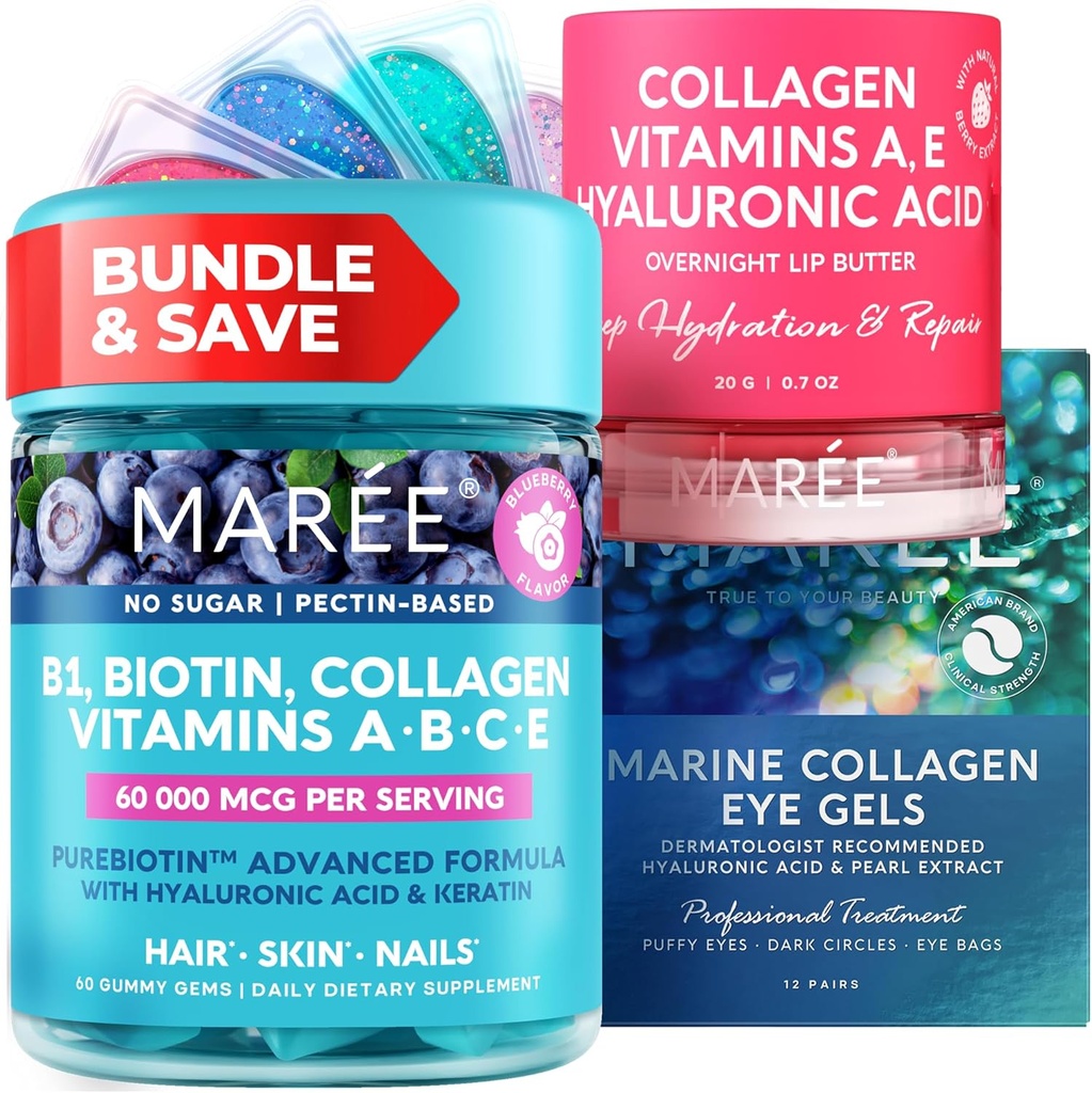 MAREE Bundle - Vitamiin B1 Tiamiinkummid, huulemask, silmaalused geelid - A, E, D, C-vitamiinid - kollageen ja hüaluroonhape - kompleks nahale, küüntele, juustele - mask kuivadele huultele - geelid pundunud silmadele