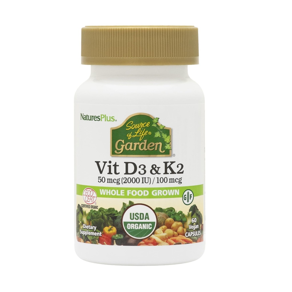 Natures Plus Life Gardeni allikas Vitamiin D3 ja K2-60 Vegankapslid - edendab luude tuge, immuunfunktsiooni, südame-veresoonkonna tervist ja meeleolu tasakaalu - vegan, gluteenivaba - 60 serveerimist
