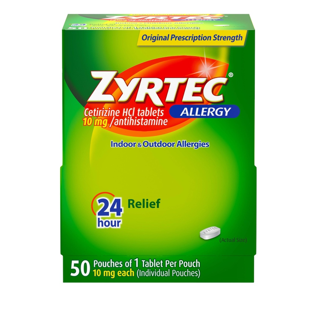Zyrtec 24-tunnise allergia leevendamise tabletid, individuaalselt pakendatud sise- ja välisallergiameditsiin 10 mg tsetirisiini HCl-ga antihistamiini tableti kohta, 1 tablett pakendi kohta, 50 ct Dispensit pakend