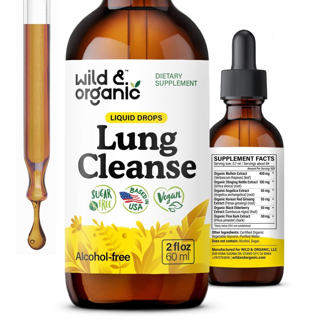 Wild & Organic Lung Cleanse Tinktuura - Mullein Leaf Extract Lungs - Taimne Detox Supplements - Vegan, suhkur & Alkoholivaba Mullein tilgad - 2 fl oz