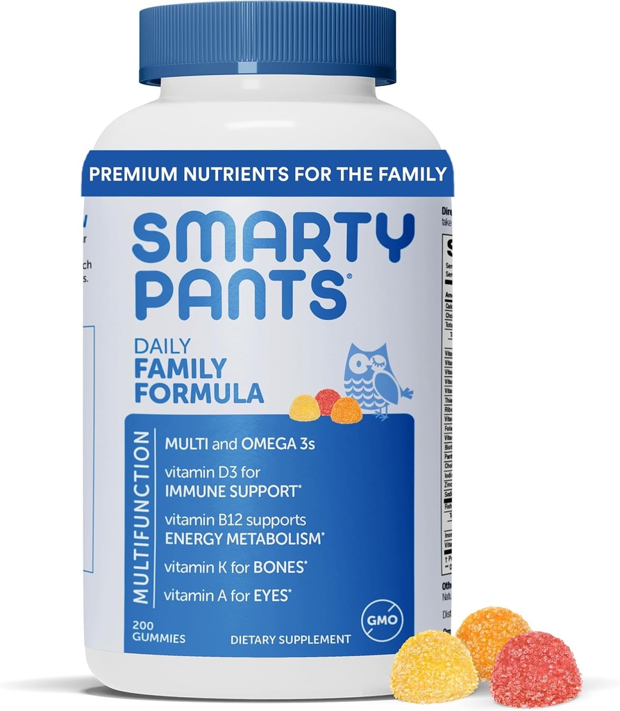 SmartyPants Multivitamiin meestele, naistele ja lastele: vitamiinkummid oomega 3 kalaõliga (EPA / DHA), metüülfolaat, D3-vitamiin, C-vitamiin, B12, B6, A-vitamiin, K ja tsink, 200 loend (30 päeva pakkumine)