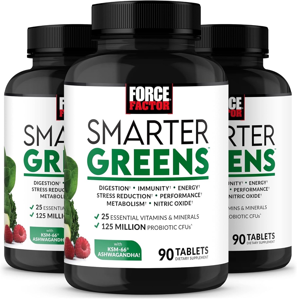 FORCE FACTOR Smarter Greens Tablets, 3-Pack, Greens Supplement with 25+ Superfoods and Antioxidants to Improve Digestion, Reduce Stress, Strengthen Immunity, and Support Metabolism, 270 Tablets
