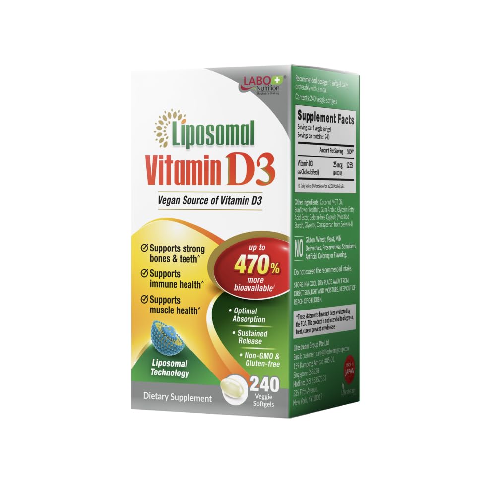 LABO toitumine Liposomaalne D3-vitamiin, kõrge potentsiga vegan-allikas optimaalseks imendumiseks, püsiv vabanemine, 470% biosaadav, suurendav immuunsus, luude ja aju tervis, 240 päeva pakkumine, mitte-GMO, gluteenivaba