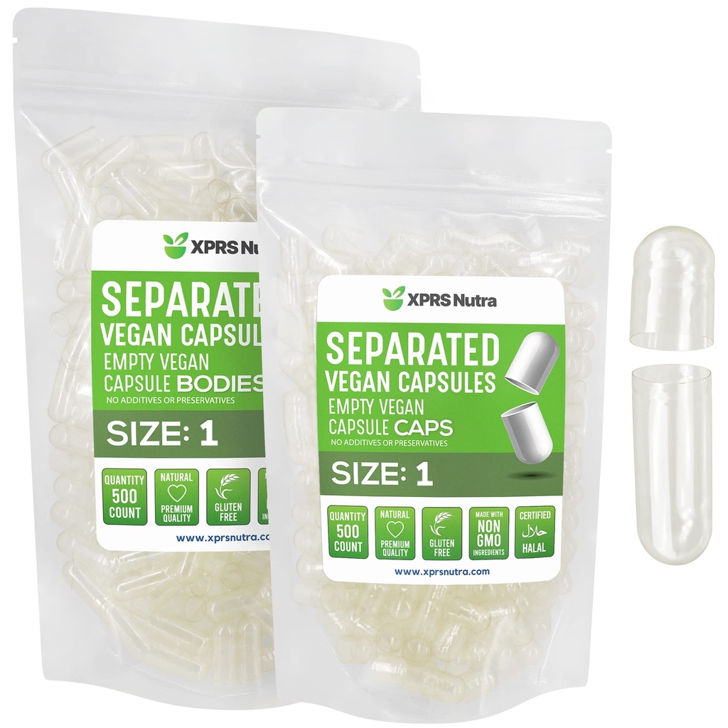 XPRS Nutra Vegan Suurus 1 Eraldatud Kapslid - 500 Count Premium Tühjad kapslid eraldatud kottides - Selged Pillid 1 Tühi DIY täienduse täitmiseks