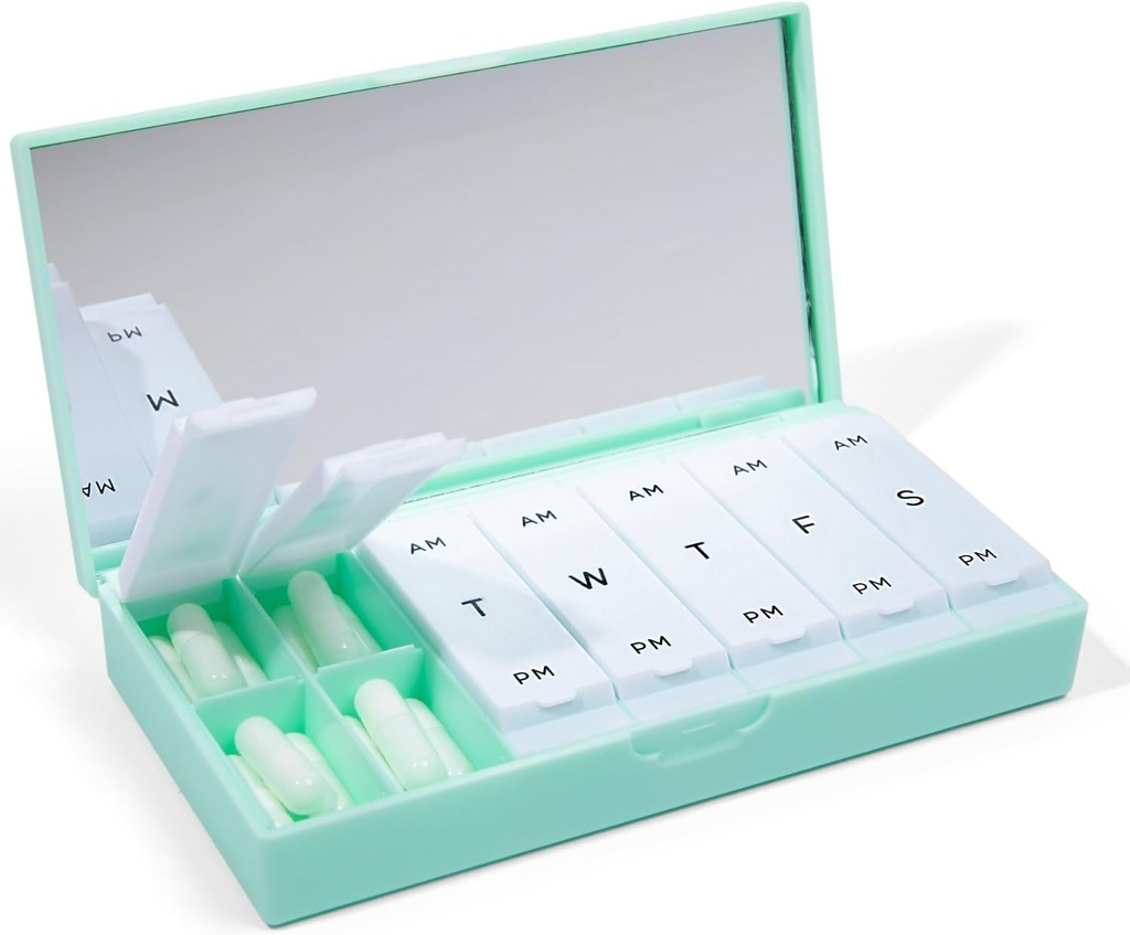 PORT X POLISH Designer Weekly Pill Box Korraldaja (AM/PM 2X Daily, Mint) | Kompaktne, stiilne 7-päevane vitamiinilisajuhtum | armas kaasaskantav Mini reisimeditsiini vedaja | BPA-vaba Pillbox Caddy