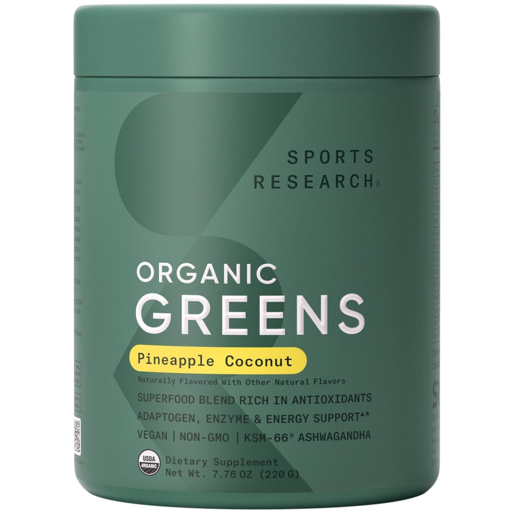 Sport Research® Orgaaniline ananassi kookospähkli rohelised - seedetrakti tervis, loodusenergia ja meeleolu toetus * - sertifitseeritud orgaaniline pulber - 20 serveerimist