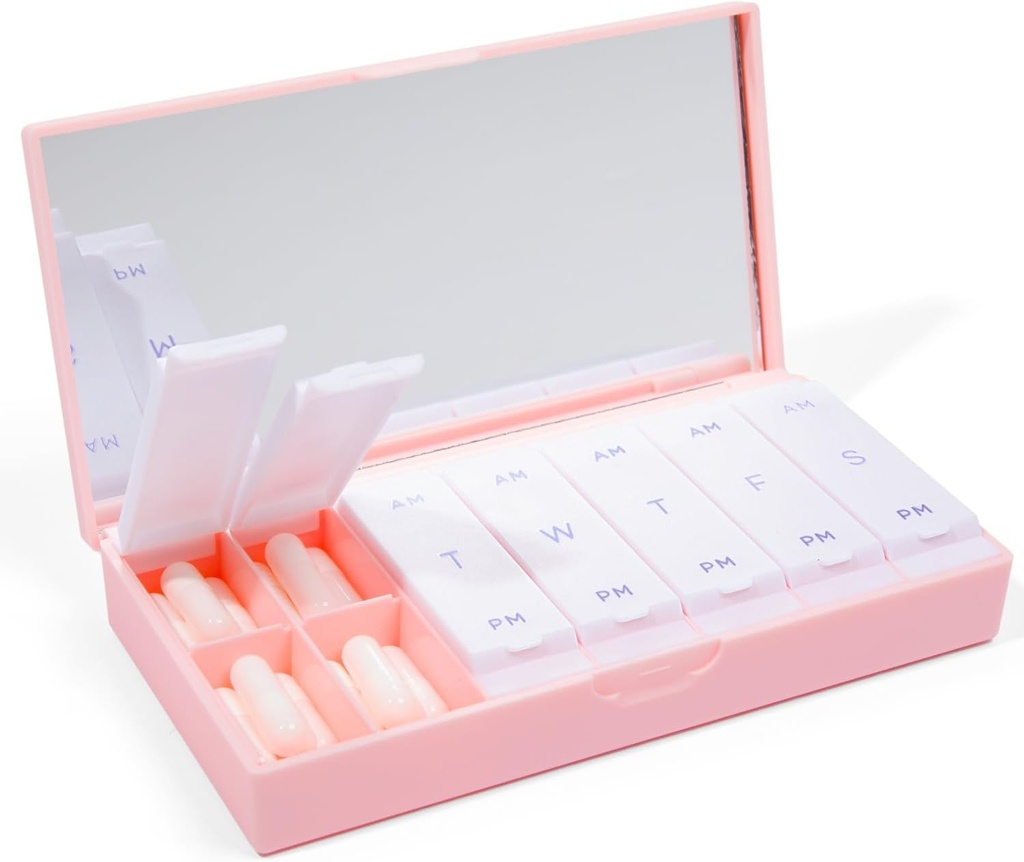 PORT X POLISH Designer Weekly Pill Box Korraldaja (AM/PM 2X Daily, Blush Pink) | Kompaktne, stiilne 7-päevane vitamiinilisajuhtum | armas kaasaskantav Mini reisimeditsiini vedaja | BPA-vaba Pillbox Caddy