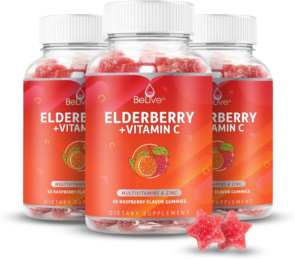 BeLive Elderberry Gummies koos tsingi ja C-vitamiiniga - D-vitamiini, A-, E-, B12-vitamiini immuunsüsteemi tugilisand - tervislike luude ja hammaste kummid, vegan, Keto ja mitte-GMO - Vaarikamaitse | 3-Pack