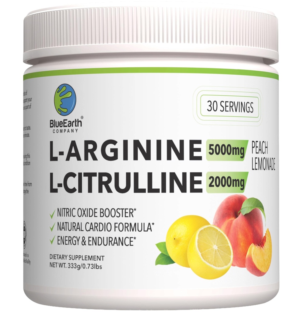 L-arginiin 5000mg + L-tsitrulliin 2000mg Komplekspulber Täiendus - Lämmastikoksiidi Booster - Südame Tervis, Verevool, Energia Ja Kestvus - 30 Servings (Peach Lemonade)