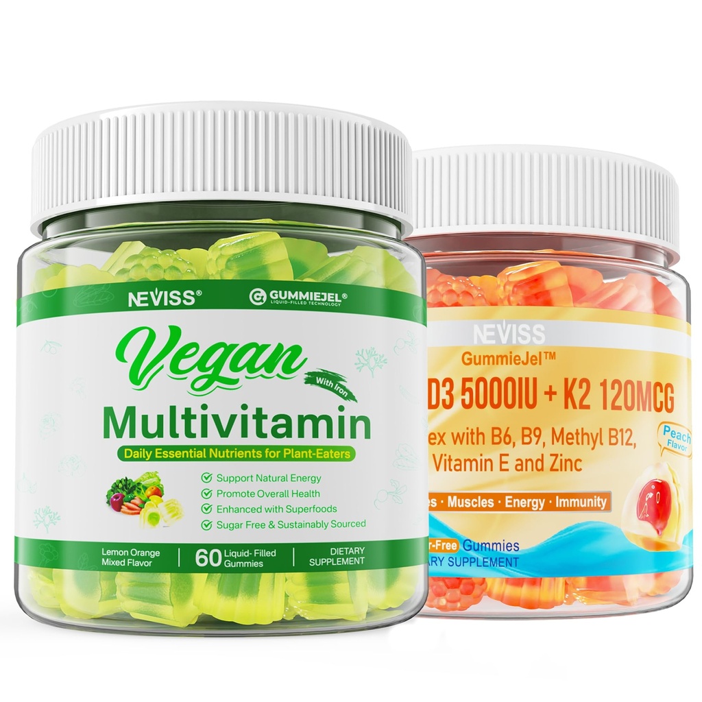 NEVISS Vitamiin D3 5000IU + K2 (MK-7) 120mcg koos vegan multivitamiiniga naistele Raud, vitamiin B12, A, D3, K2, vetikad Omega 3, magneesium, tsink