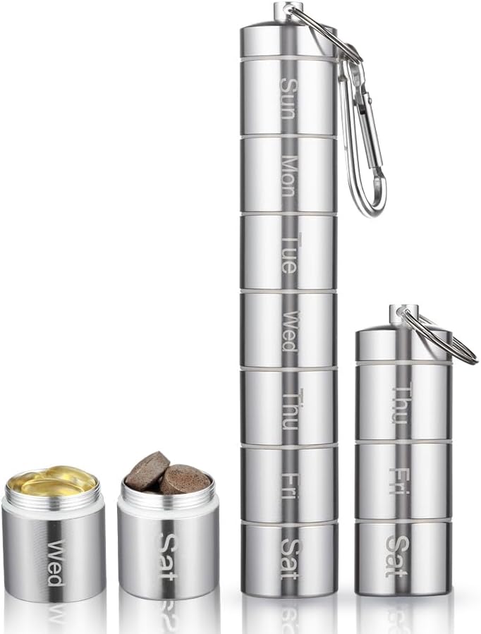 Metalli niiskus Proof Weekly Pill Organizer 7 päeva 3 korda päevas, virnastatav alumiiniumisulam Tasuta reisimine Matkapi karp Veekindel ja suur osa hoida pillid, vitamiinid, kalaõli, supplem