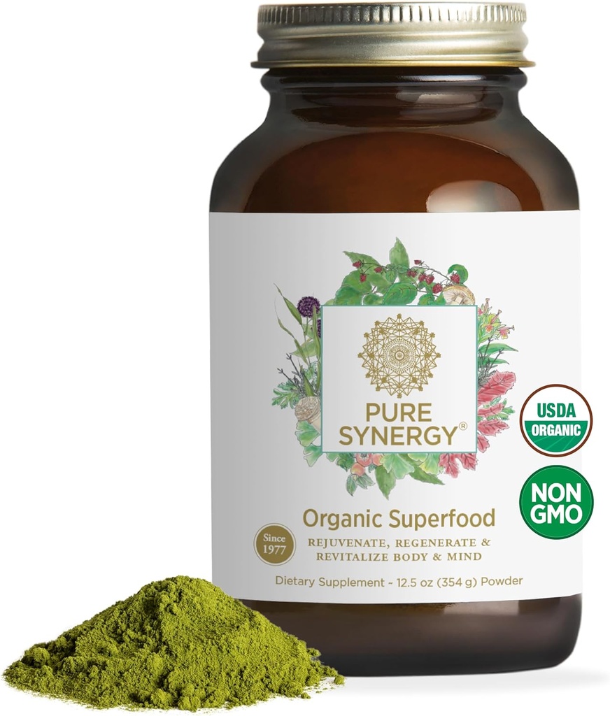 PURE SYNERGY Orgaaniline supertoidupulber | Roheline supertoidupulber | Orgaaniliste roheliste, Spirulina ja seentega täistoidulisand | energia, tervisliku vananemise ja immuunsuse tervise jaoks (12,5 oz)