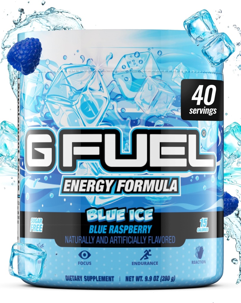 G Fuel Blue Ice energiajoogi pulber, Pre Workout Kofeiinisegu hasartmängudeks, Sugar Free Focus Amino, Vitamiin + Antioksüdandid, 9,9oz (sinine vaarika, 40 serveerimist)