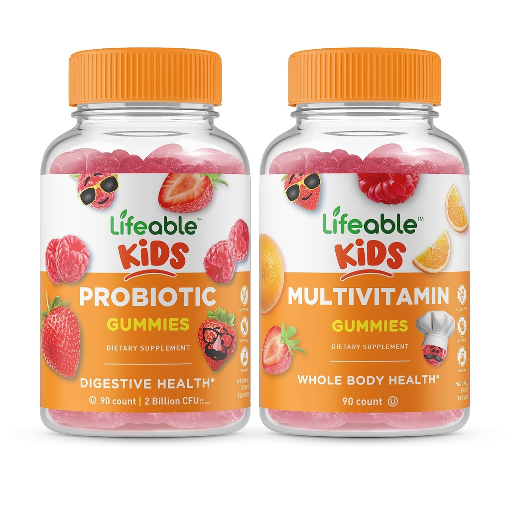 Elujõuline probiootiline 2 miljardit CFU lapsed + multivitamiini lapsed, Gummies Bundle - suurepärane maitse, vitamiinilisand, Gluteenivaba, GMO-vaba, närimiskumm
