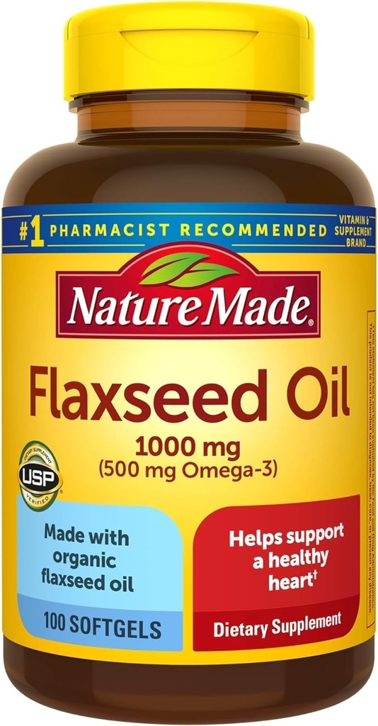 Nature Made linaseemneõli 1000 mg, kala vaba Omega 3 täiendus, toidulisand südame tervise toetamiseks, 100 softgels, 100 päeva pakkumine