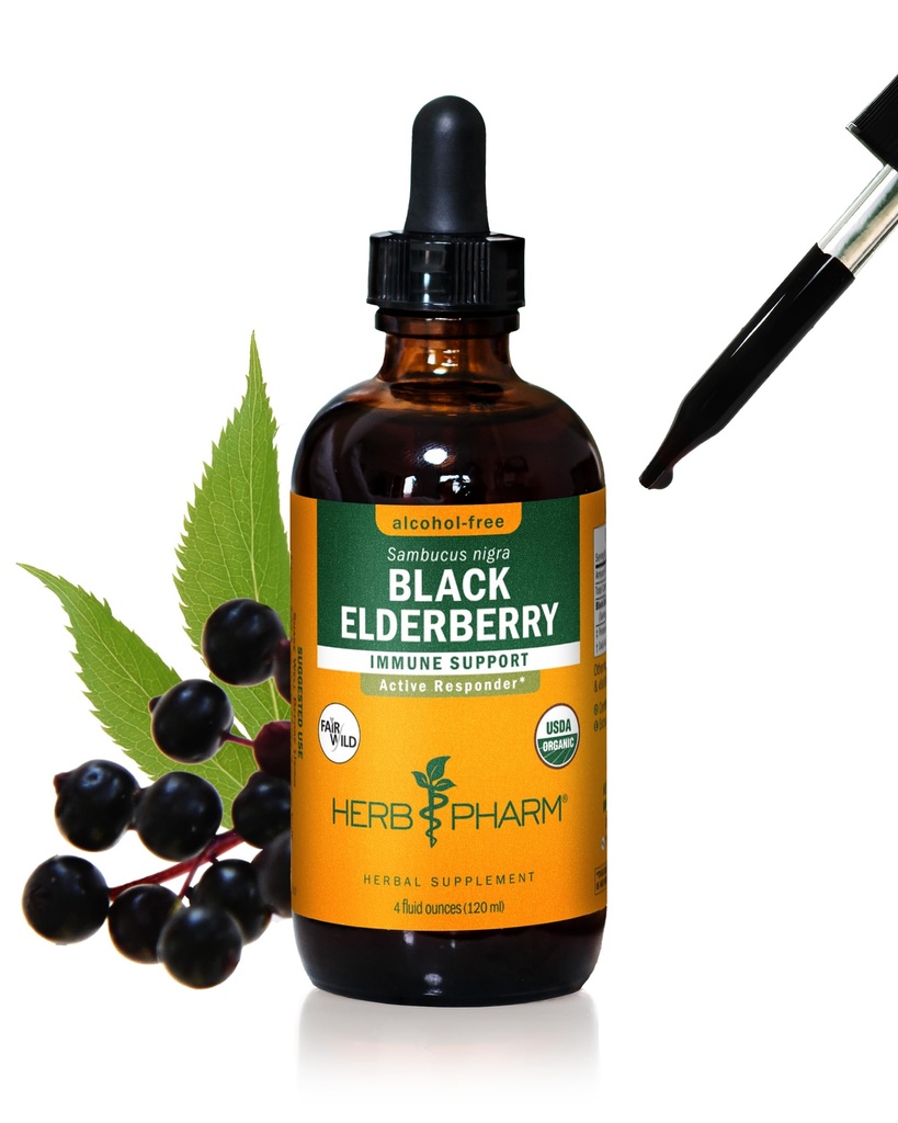 Herb Pharm Certified Organic Black Elderberry Liquid Extract for Immun System Support, Alkoholivaba Glycerite, 4 Ounce