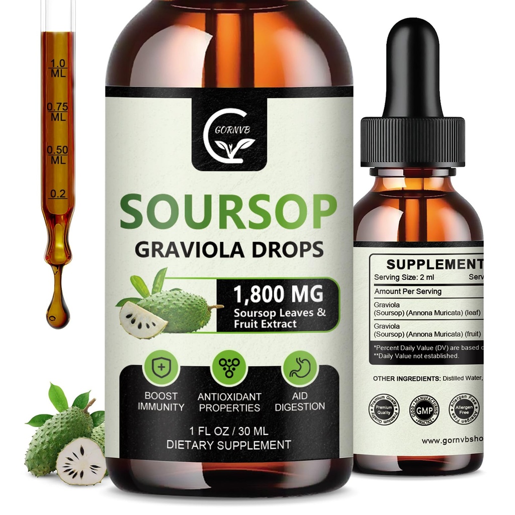(2 Pack) Soursop Graviola Liquid Drops 1800mg , 98% Imendumine Soursop Bitters Vedelik rakkude toetamiseks ja regenereerimiseks , Immuunvõimendus , lõdvestumine , maks ja uni , taimsed headus , Gluteenivaba , 1 Fl Oz