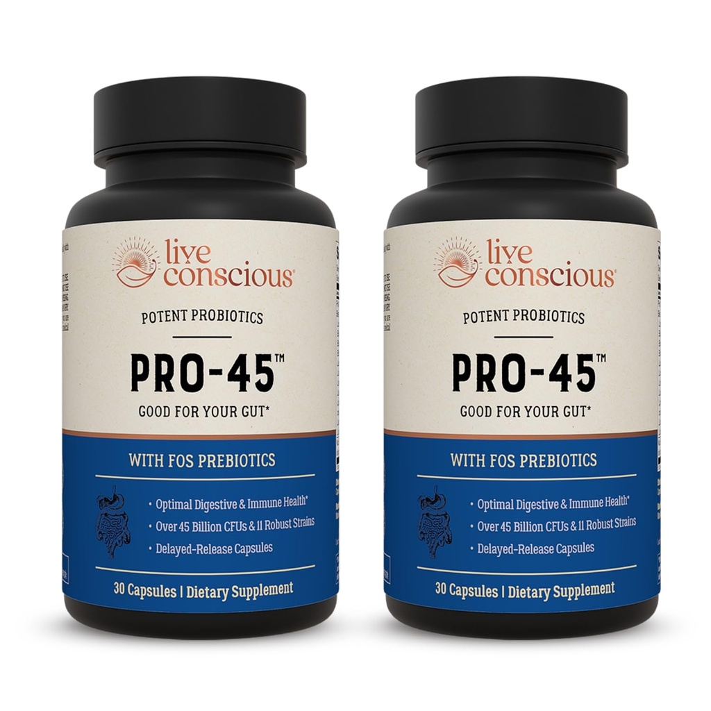 Live Conscious PRO45: Probiootiline valem, 45 miljardit CFU, 11 terviklikku tüve. Piimavabad, hilinenud Veggie mütsid. Edendab immuunsüsteemi ja seedetrakti tervist. 60 kapslit (2-pakk)
