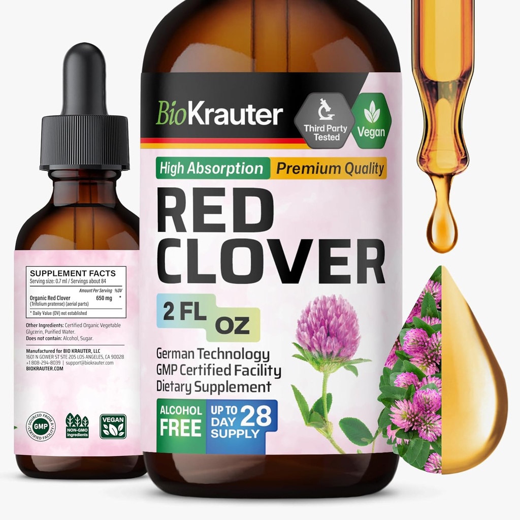 BIO KRAUTER Red Clover Tincture - Red Clover Extract - Liquid Supplement for Women's Support - Alcohol and Sugar Free - Vegan Drops 2 Fl.Oz.