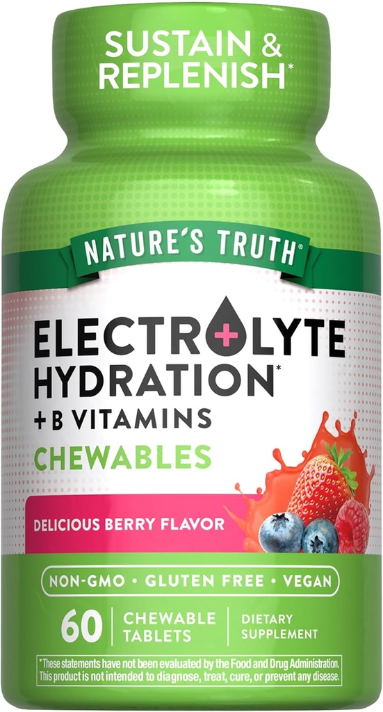 Nature's Truth Electrolyte Tablets | 60 Count | Non-GMO & Gluten Free Chewable Supplement for Hydration | Berry Flavor