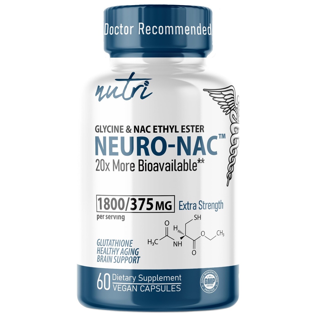 Nutri Neuro NAC Supplement 375mg Extra Tugevus 1800mg Glycine - N-atsetüültsüsteiini Etüül Ester - 20x Rohkem Biosaadav - Boost Glutatioon 10x Rohkem - 90 Vegan Kapslid - 3. Party Testitud