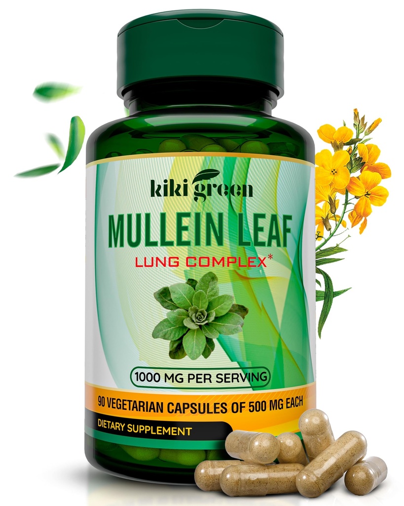 KIKI Green Mullein Lehtkapslid - Vegan Taimne täiendus - Kopsude puhastamiseks, toetamiseks, paremaks hingamiseks, immuunsusfunktsiooniks - 1000mg 45 Servings - 90 Count