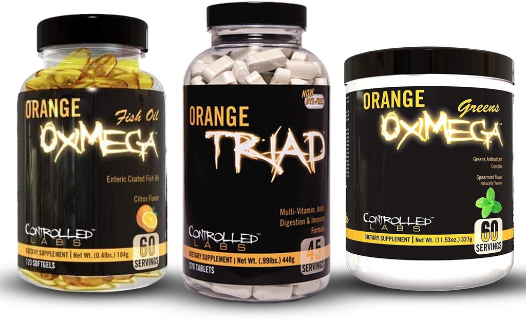 Kontrollitud LABS Bundle sisaldab 45 serveerimist Orang Triad, Orange Oximega Greens Spearmint ja 120 Ct Orange Oximega Fish Oil Softgels