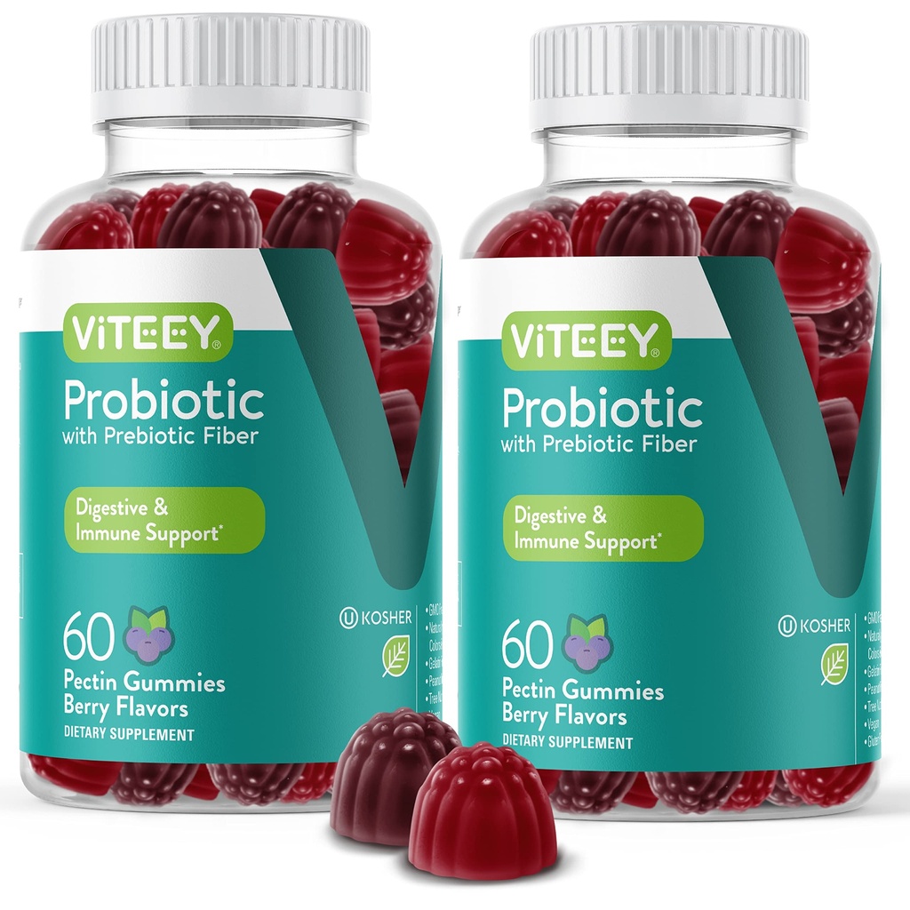 VITEEY Probiotic Gummies with Prebiotics – Gut Health Supplements for Digestive Health – 2 Billion CFUs – Vegan, Gluten-Free – 120 Count
