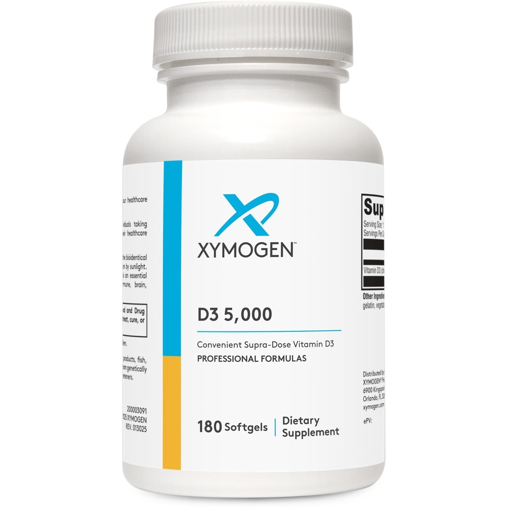 XYMOGEN D3 5000 - biosaadav D3-vitamiin 5000 RÜ (125 mcg) - kõrge potentsiga D-vitamiini lisand immuunsuse tervise, luude + südame tervise toetamiseks (180 softgeeli)