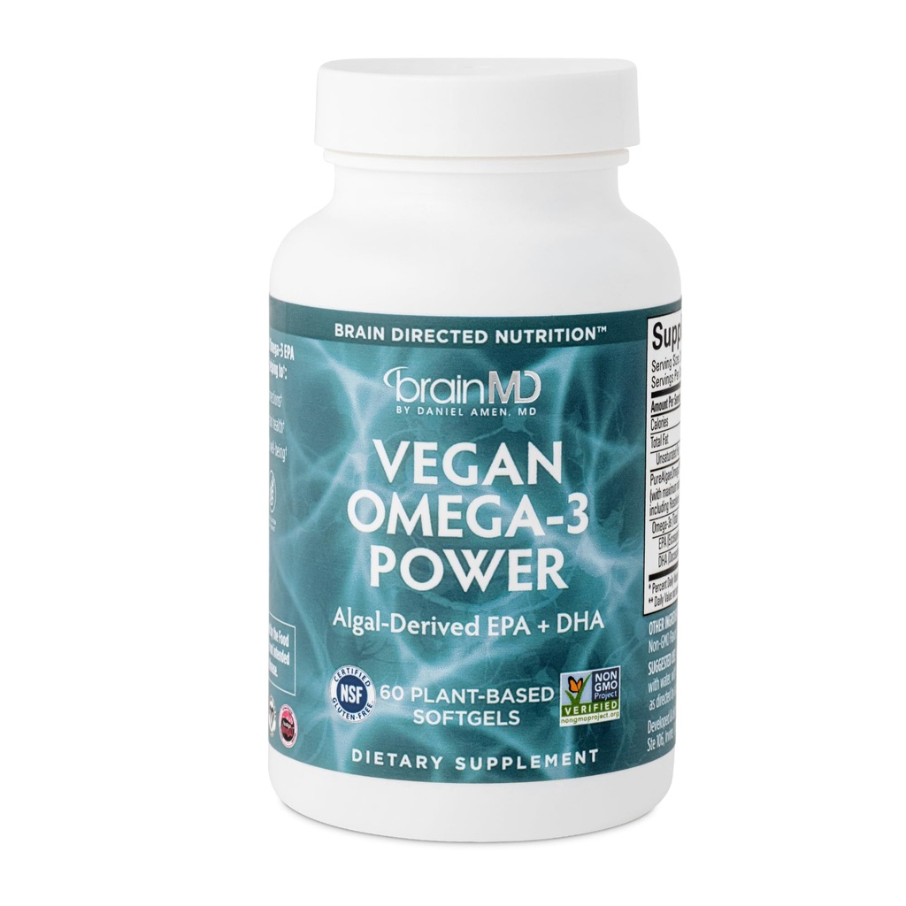 BRAINMD Dr Amen Vegan Omega-3 Power - 60 taimepõhist sohvat - 1100 mg EPA & DHA - toetab fookust, mälu ja südame tervist - Vegan, Gluteenivaba ja mitte-GMO - 30 serveerimist
