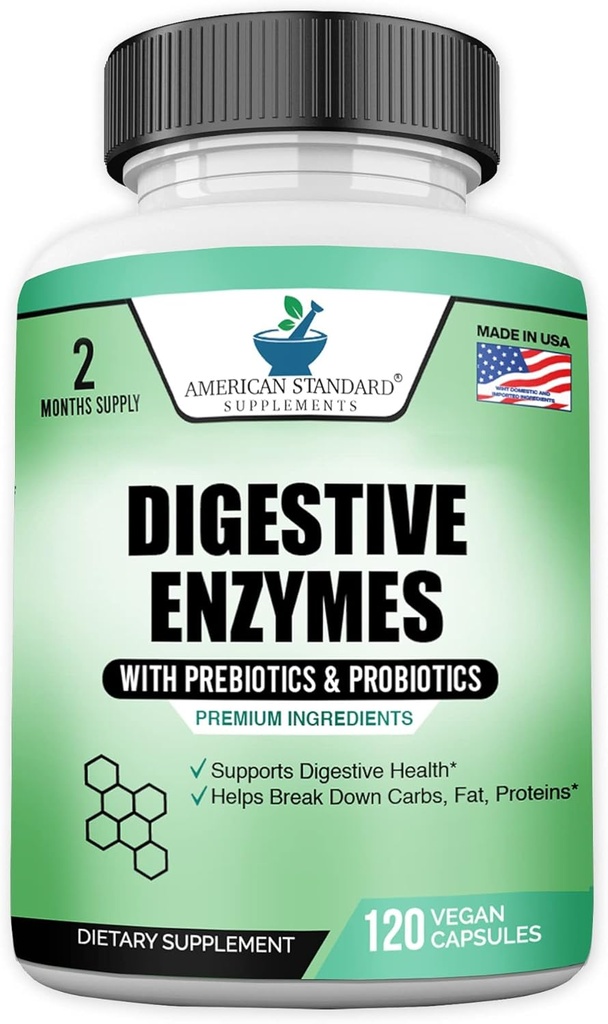 Digestive Enzymes Plus Probiotics & Prebiotics, 120 Veggie Capsules, For Digestion With Amylase, Bromelain, Papain, Lipase, Lactase, Protease, Papain, Cellulase, Vegan & Gluten Free, 2 Month Supply