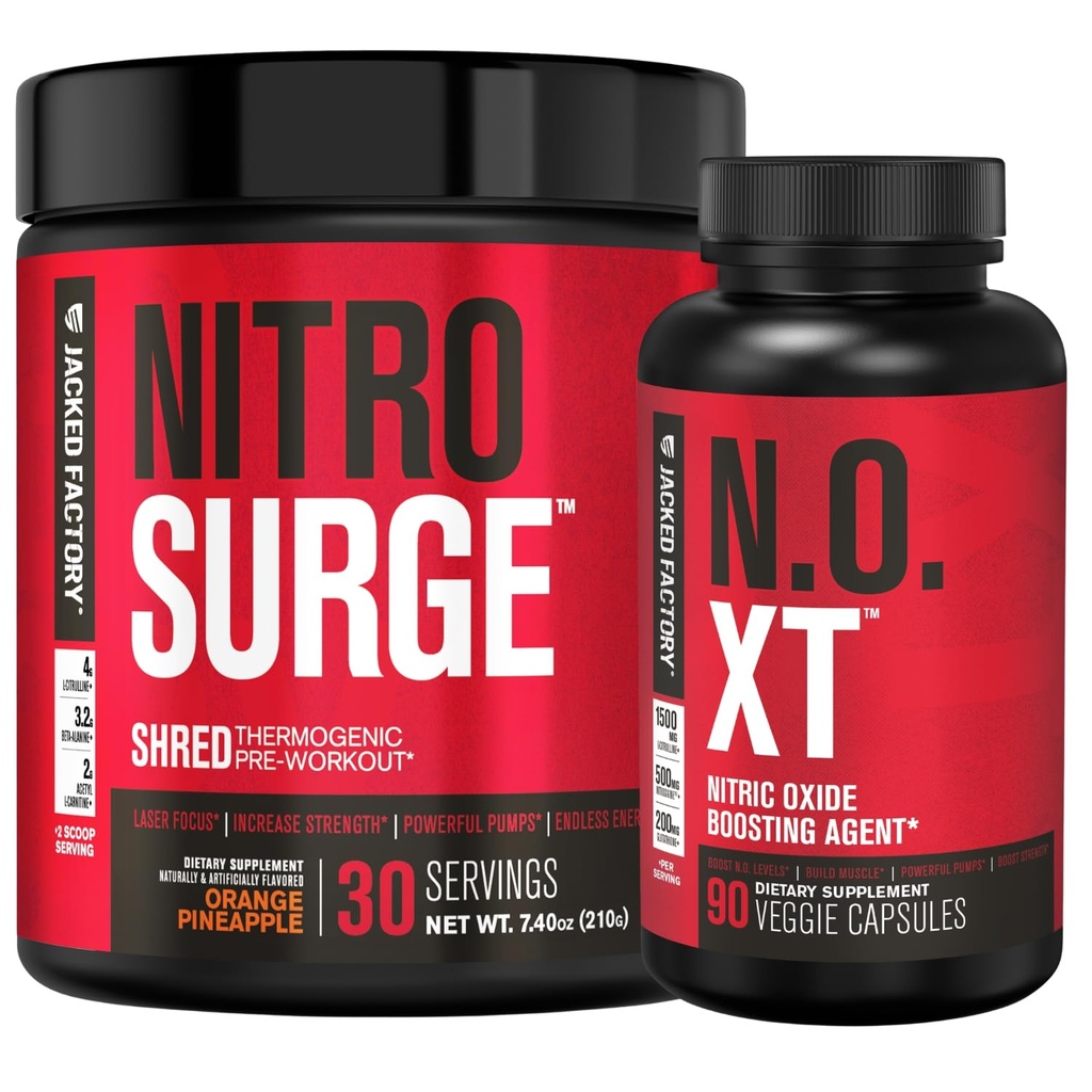 Jacked Factory Nitrosurge Shred Thermogenic Pre Workout Orange Ananass & N.O. XT lämmastikoksiidi Booster meestele ja naistele