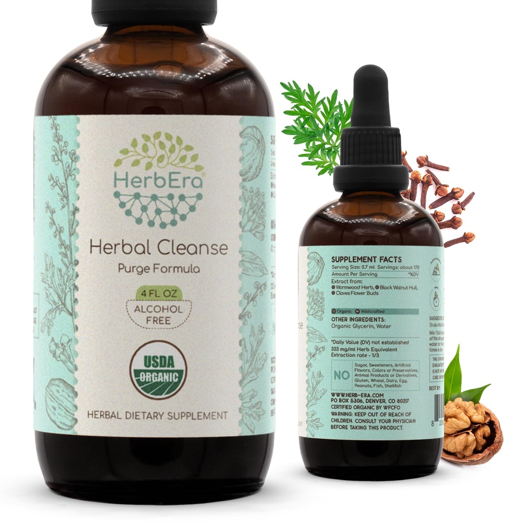 HerbEra Taimne Puhasta Orgaaniline Alkoholivaba Tinktuur | Detox ja Puhasta valem, Ekstraktilisandi | Orgaaniline virmapuuürt, Mustpähkel Hull, Cloves Flower Buds | Puhastusekstrakt (4 fl oz)