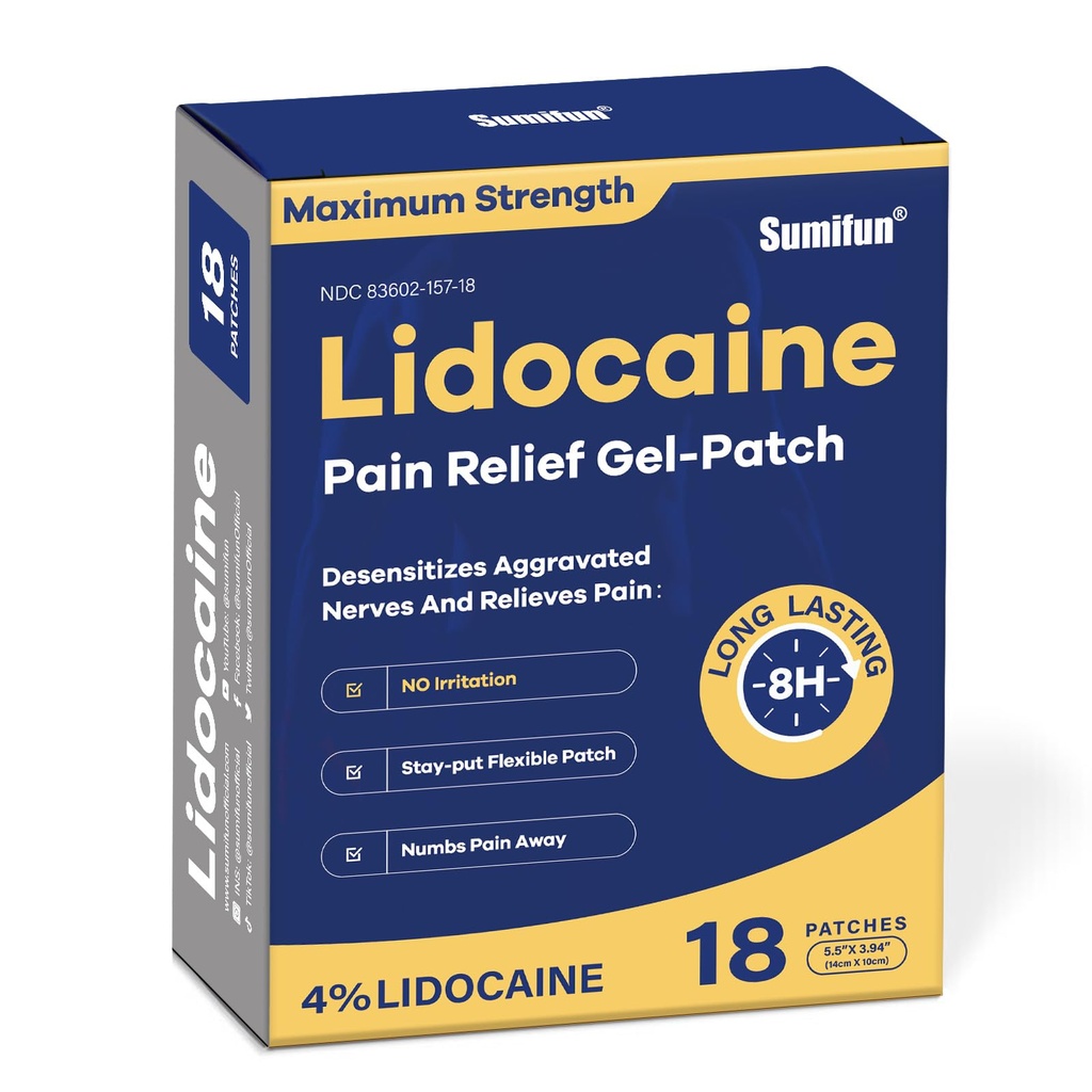 Sumifun 4% lidokaiini valu leevendavad plaastrid - OTC maksimaalne tugevus - paindlik ja pikaajaline, 18-kohaline lidokaiini plaastrid seljale, kaelale, lihastele, liigesevalule - lõhnatu valu plaaster