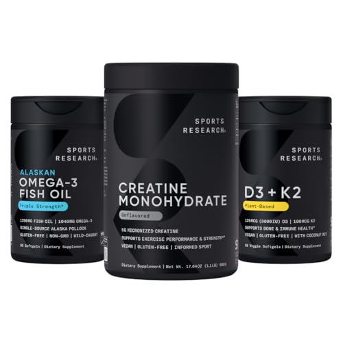 Spordiuuringute kolmekordne tugevus Omega 3 kalaõli - hapukooreta kalaõli lisand w / EPA & DHA rasvhapped, kreatiini monohüdraat ja taimepõhine D3-vitamiin K2 kookosõliga
