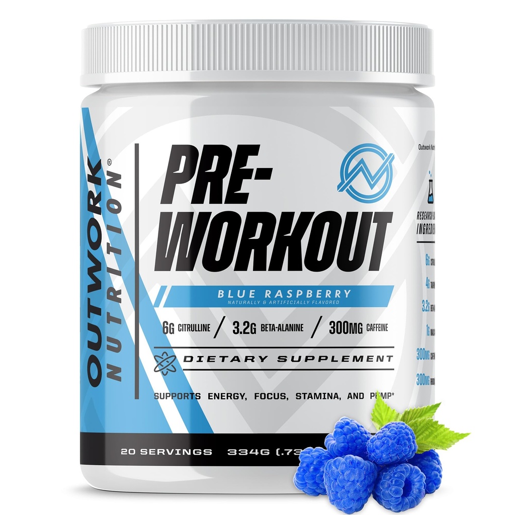 Outwork Nutrition Preworkout for Men & Women - Nootropic Pre Workout Without Kreatiin, Pre-Workout Pulber Taurine Rhodiola Citrulline Malaadi beeta-alaniin Kofeiin (sinine Vaarika)