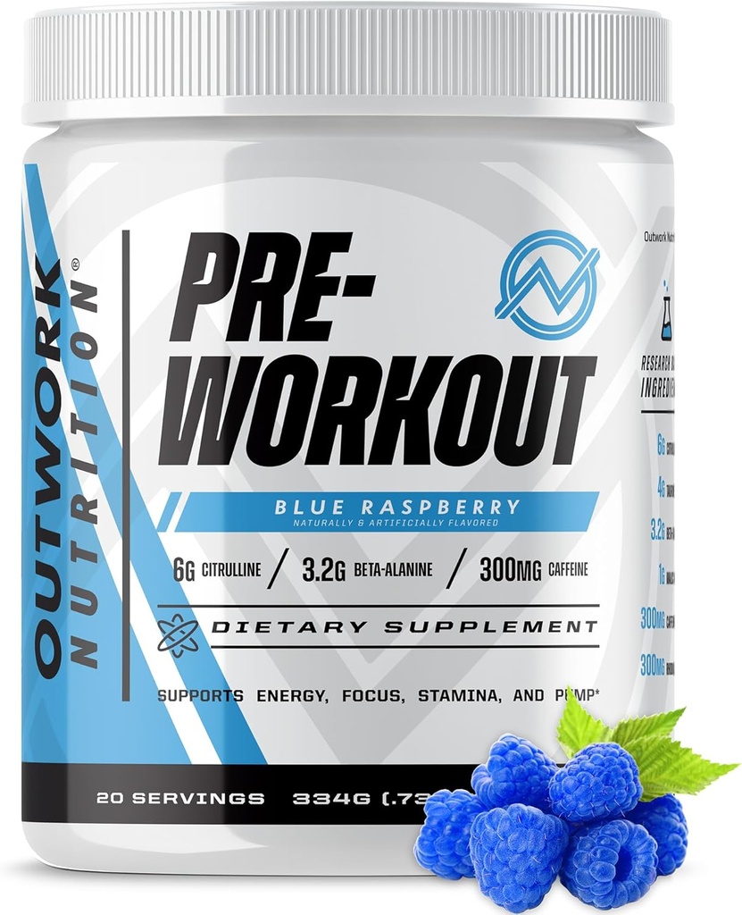 Outwork Nutrition Preworkout for Men & Women - Nootropic Pre Workout Without Kreatiin, Pre-Workout Pulber Taurine Rhodiola Citrulline Malaadi beeta-alaniin Kofeiin (sinine Vaarika)