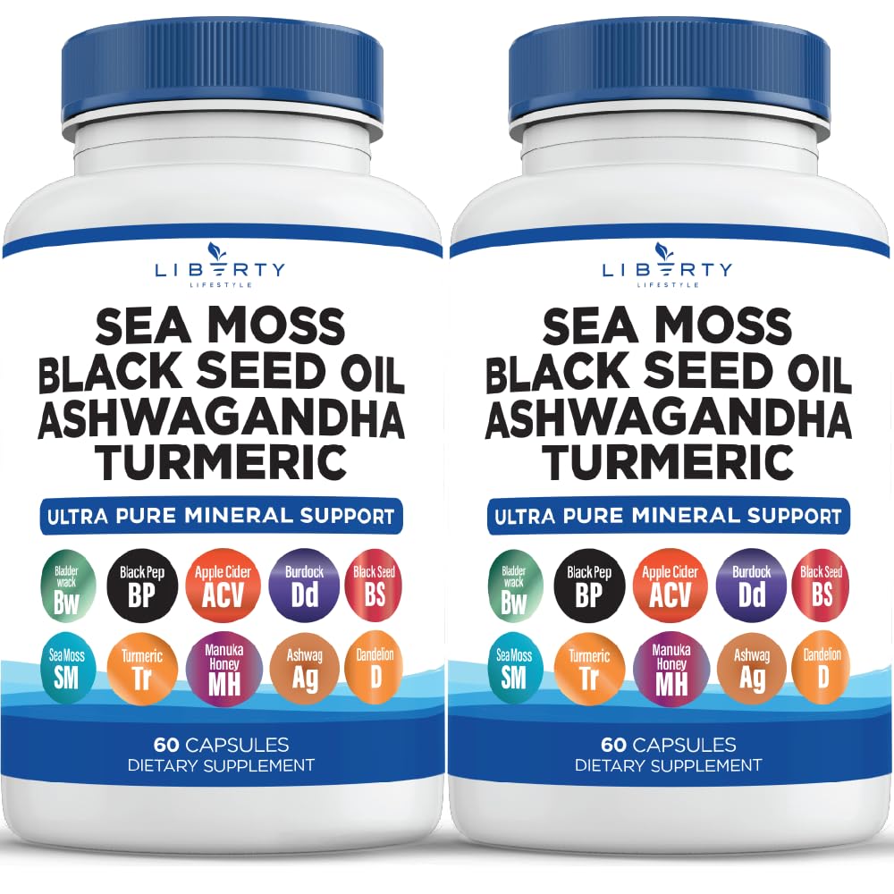 Merisambla musta seemne õli Ashwagandha Turmeric Bladderwrack Burdock - Manuka, Honey Dandelion, ACV Black Pepper Gluten Free - 2-Pack
